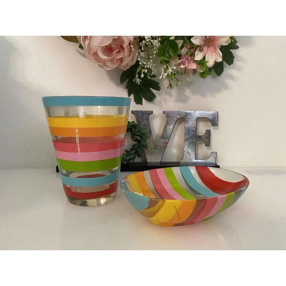 Vintage 1970s Retro Acrylic Rainbow Bathroom Accessory Set Tumbler Soap Dish GUC